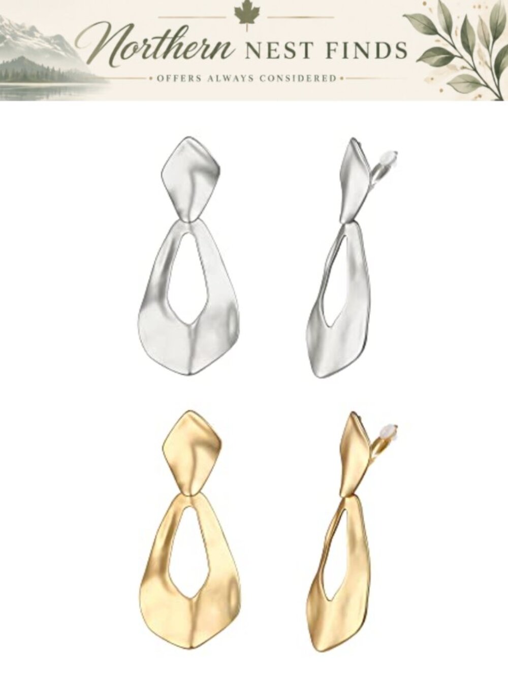 Clip-on Earrings Set Matte Gold Silver Geometric Statement Retro Drop